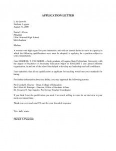 LETTER OF APPLICATION FOR TEACHERS