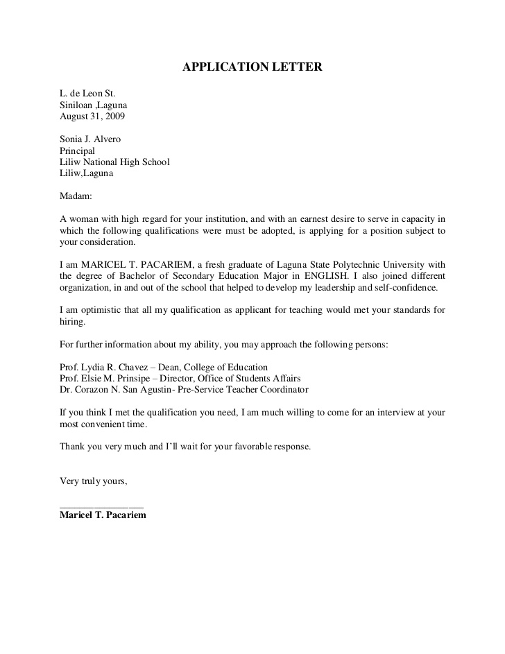 Letter Of Application For Teachers from www.sampleletter1.com