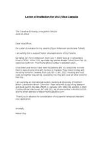 LETTER OF INVITATION FOR VISITOR VISA TO CANADA