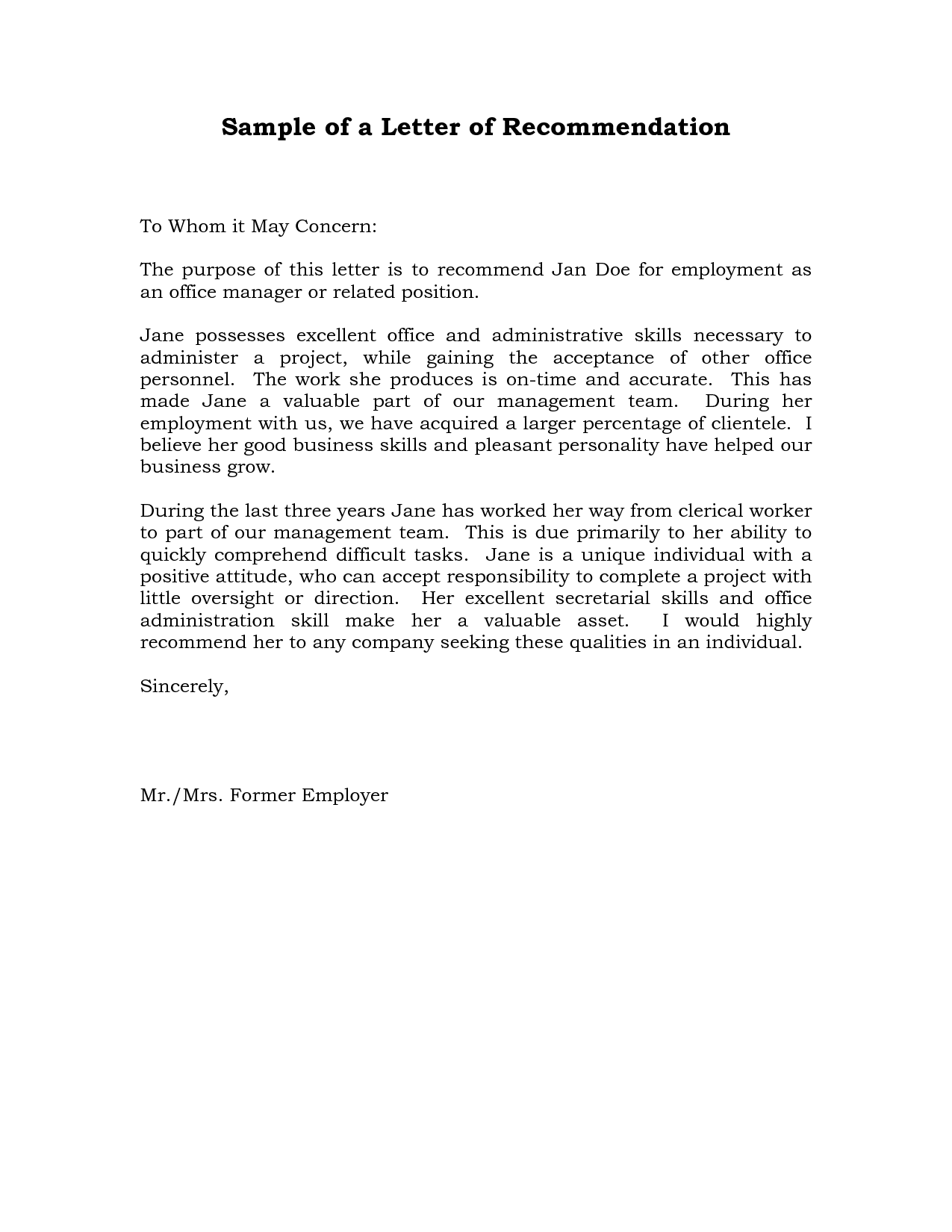 Letter Of Recommendation Examples Sample Templates