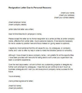 LETTER OF RESIGNATION FOR PERSONAL REASONS