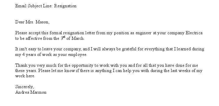 Letter Of Resignation Email Sample Templates
