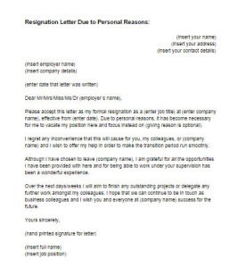 Letter Of Resignation For Personal Reasons Sample Templates Letter Of Resignation For Personal Reasons Sample Templates